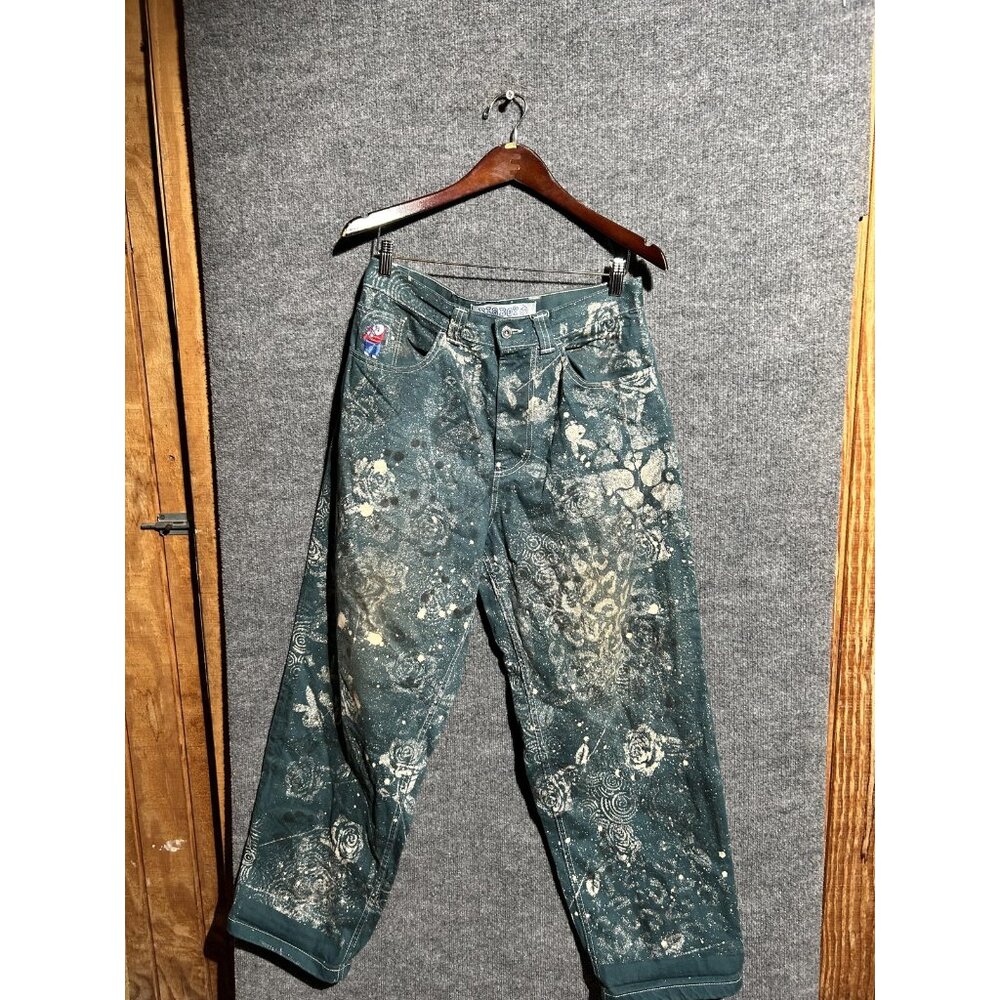 Big Boy Jeans Mens Small Green Floral Wide Leg Rose Print Denim Pants Streetwear